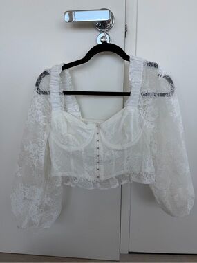 For Love And Lemons Ivory Lace Corset Crop Top with Puff Sleeves